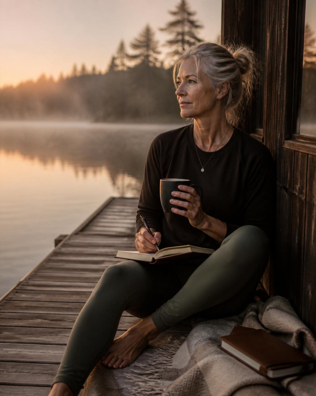 A woman in her 50s journaling by a lake at dawn
