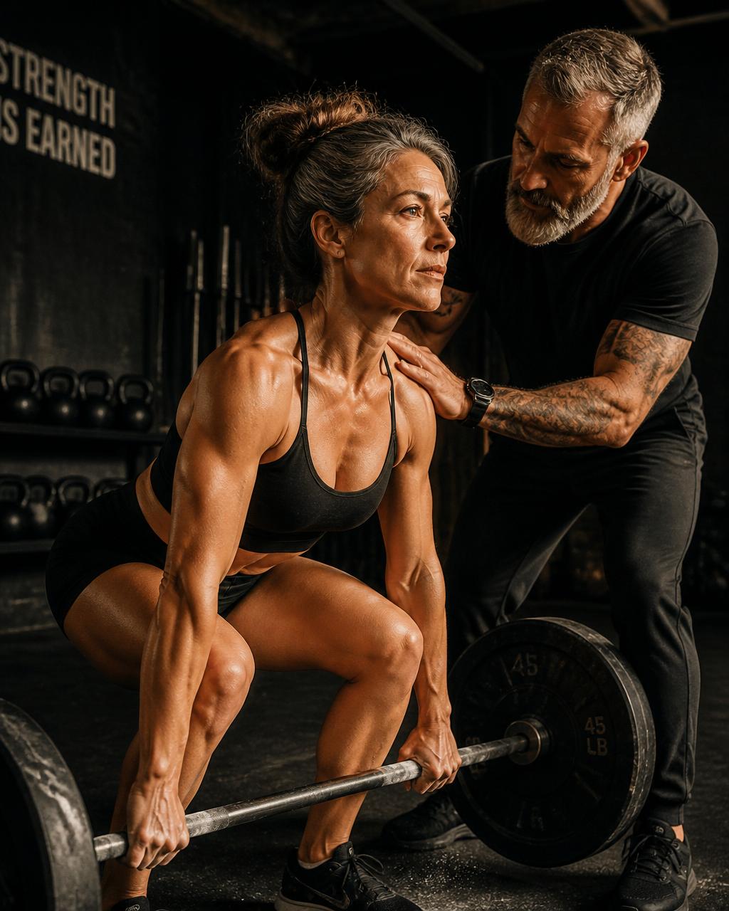 Coach guiding a strong athletic woman through a deadlift