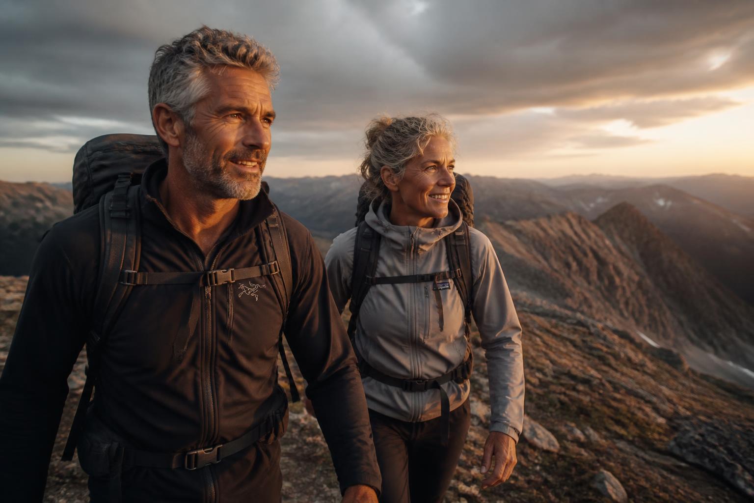 A fit couple in their 50s hiking a mountain ridge at sunset