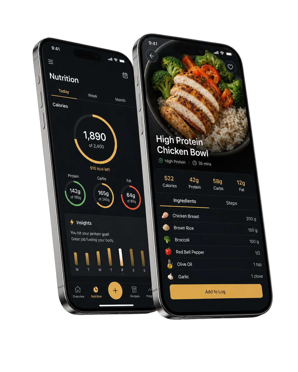 Nutrition tracking and recipe screens inside the STRONG50 app