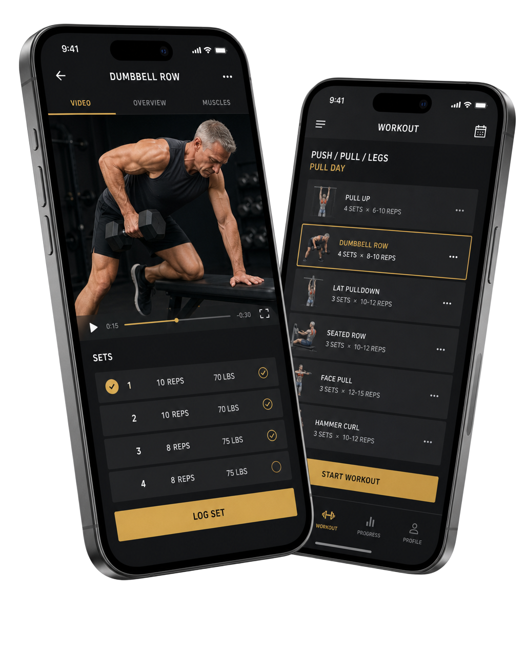 Exercise demo and workout screens inside the STRONG50 app