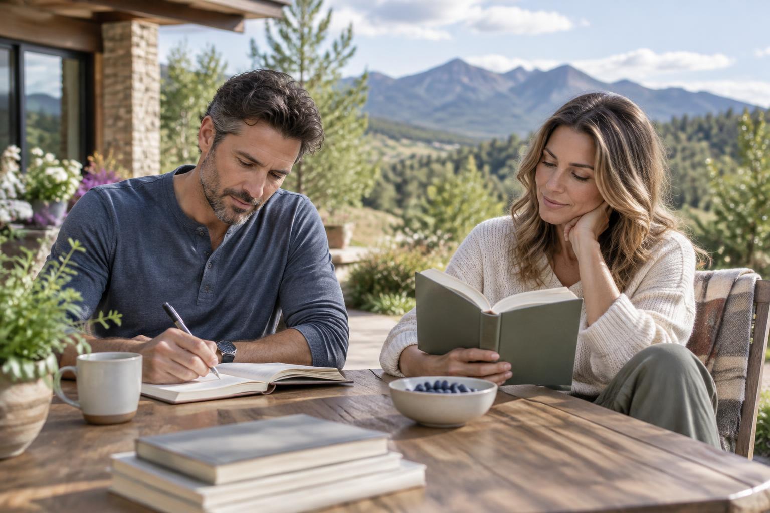 Couple in their forties reading and journaling outdoors