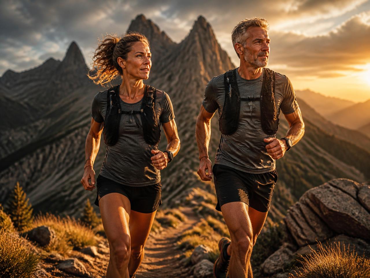 An athletic couple trail running on a mountain ridge at golden hour